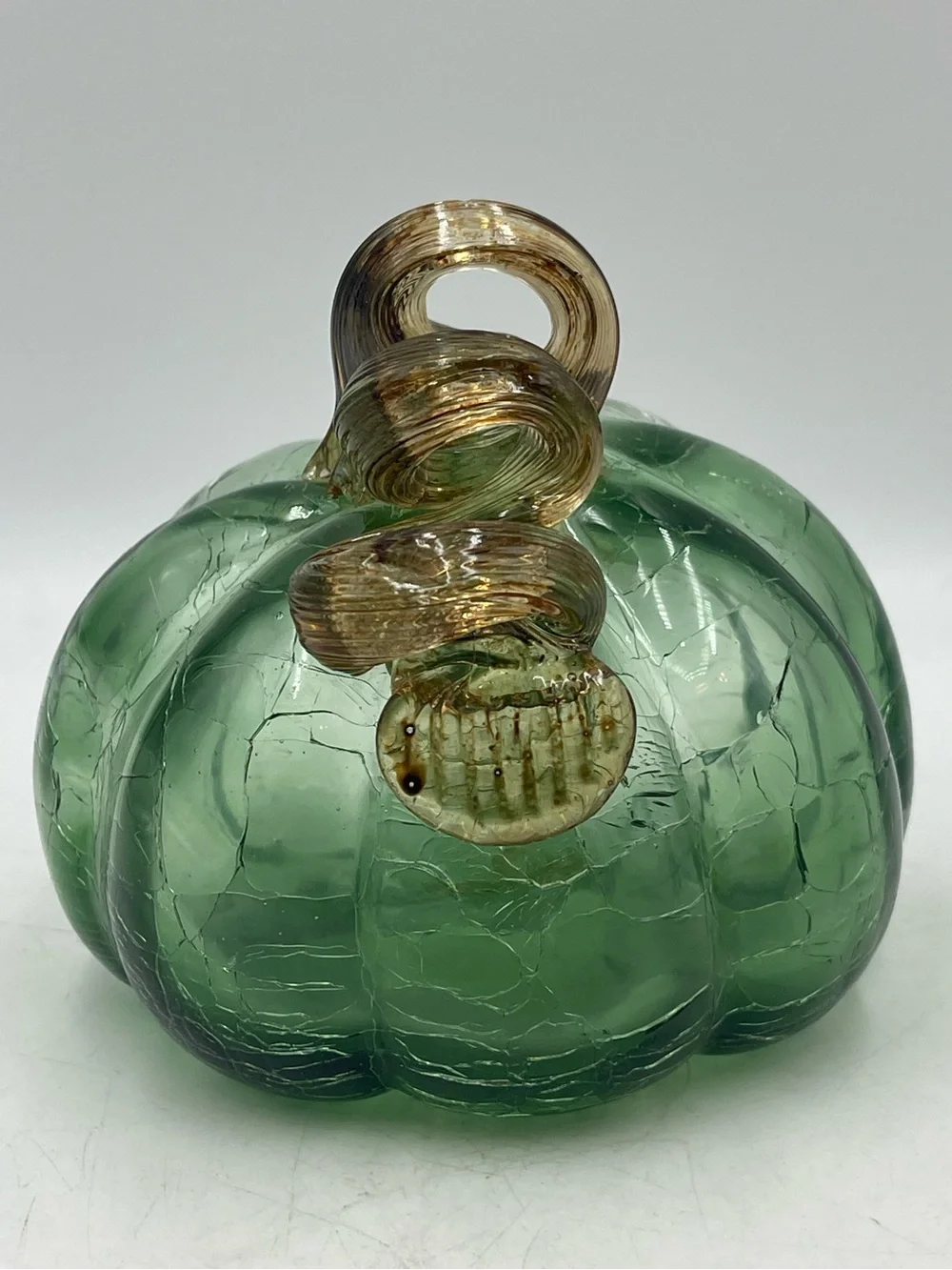 Vintage Hand Blown Green Ombre Crackle Art Glass Pumpkin with Amber Twisted Stem